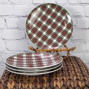 Happy Holidays by Nikko Four 8.5" Salad Plates Tartan Plaid Red Green Ironstone